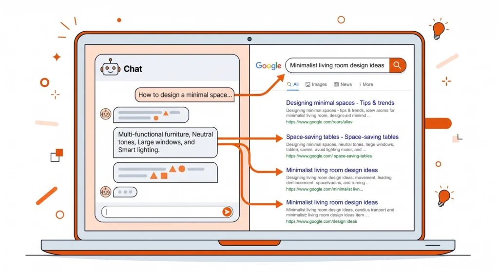 AI chat tool and Google search results side by side for validating blog topic ideas