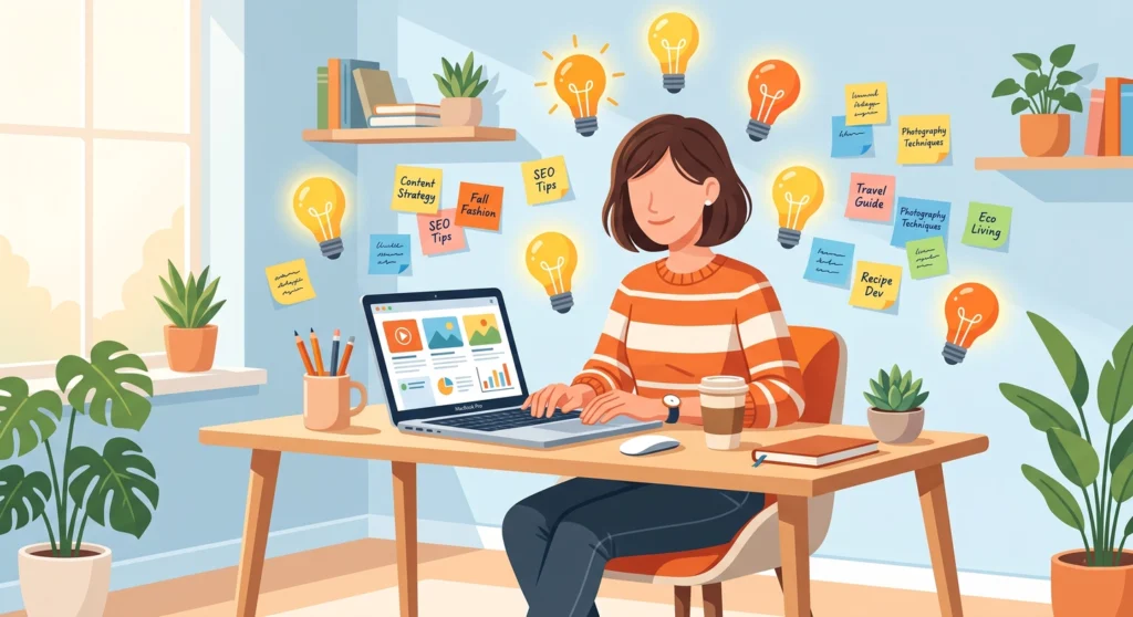 Blogger finding what to blog about using brainstorming tools and sticky notes with topic ideas