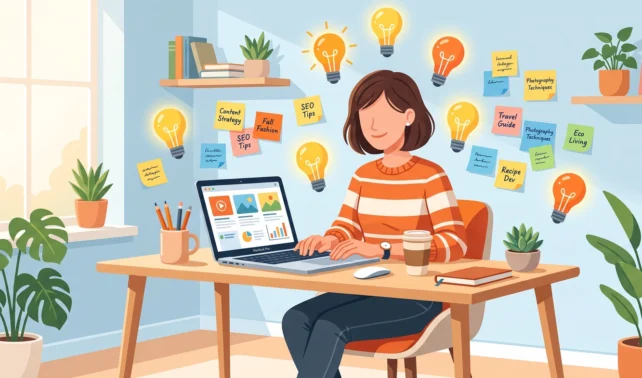 Blogger finding what to blog about using brainstorming tools and sticky notes with topic ideas