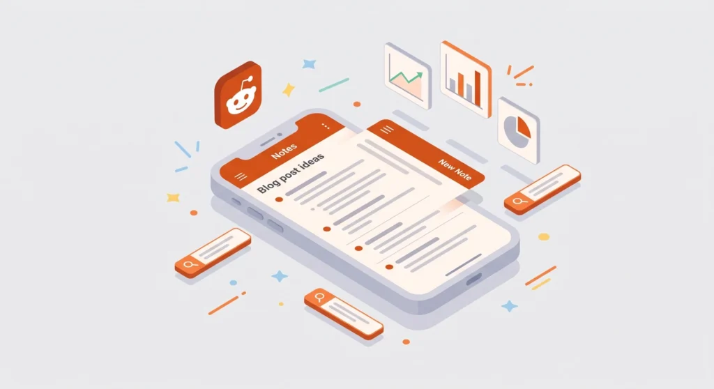 Rolling blog ideas list on a smartphone surrounded by research source icons