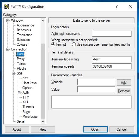 Putty Username Entry On Connection Screen
