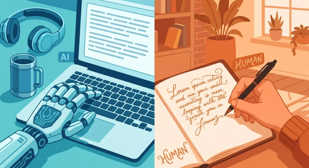 15 Counter Productive Habits To Avoid As A Blogger 20 Split illustration comparing AI-generated content versus authentic human writing