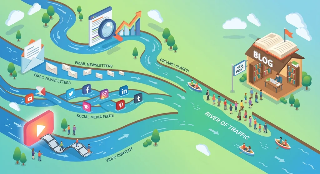 15 Counter Productive Habits To Avoid As A Blogger 23 Multiple traffic channels flowing into a blog representing diversified content distribution