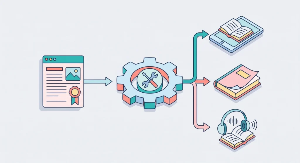 Designrr Review – Easily Create eBooks, Flipbooks and Lead Magnets 3 Content repurposing workflow diagram from blog post to ebook flipbook and audiobook