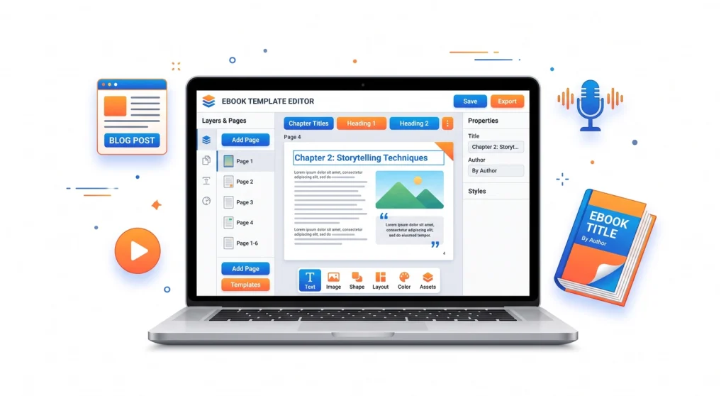 Designrr Review – Easily Create eBooks, Flipbooks and Lead Magnets 1 Designrr review — laptop showing ebook creator with content repurposing icons