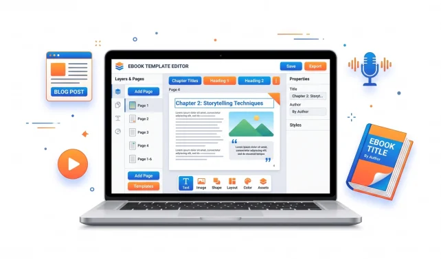 Designrr review — laptop showing ebook creator with content repurposing icons