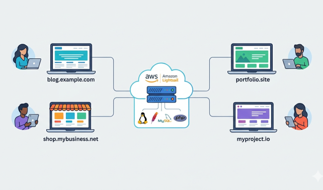 AWS Lightsail LAMP stack dashboard showing multiple WordPress and static sites hosted on one instance.