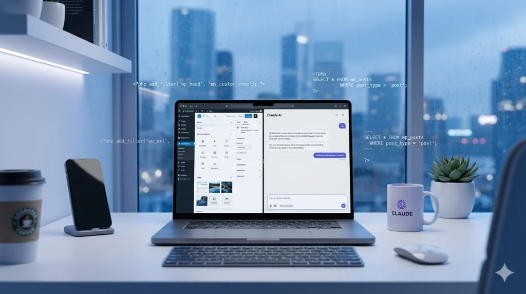How to Use Claude AI for WordPress Management (With Real Code Examples) 1 A WordPress dashboard open on a laptop screen alongside the Claude AI interface, illustrating Claude AI for WordPress management.