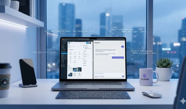 A WordPress dashboard open on a laptop screen alongside the Claude AI interface, illustrating Claude AI for WordPress management.