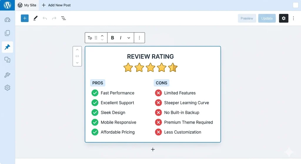 How To Setup an Editor Review Rating Box With MetaBox and GenerateBlocks 1 Editor review rating box with stars and pros cons built with MetaBox and GenerateBlocks