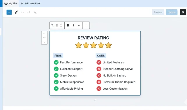 Editor review rating box with stars and pros cons built with MetaBox and GenerateBlocks