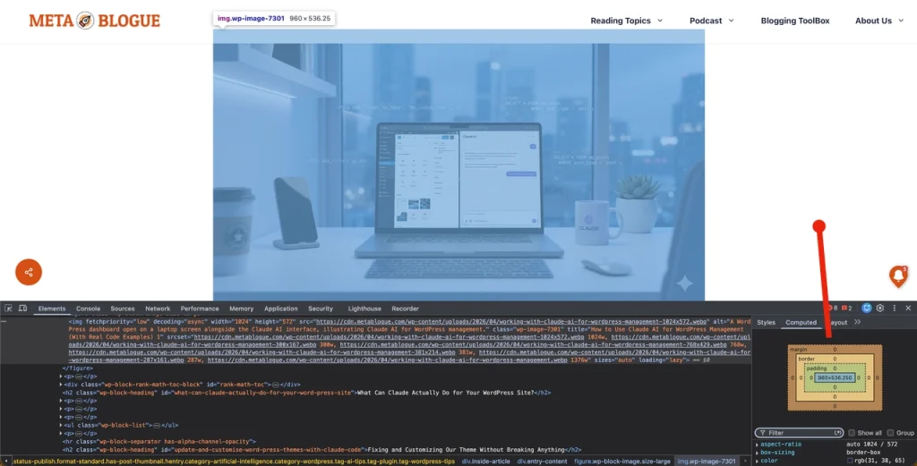 How To Optimize Images For GeneratePress WordPress Theme 4 Finding the right image size using Chrome browser