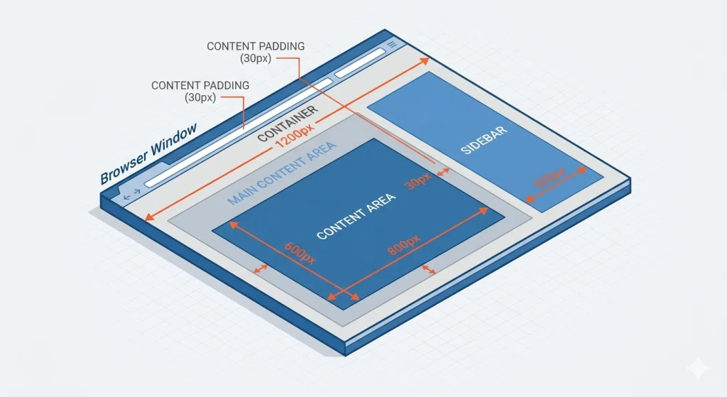 How To Optimize Images For GeneratePress WordPress Theme 2 Isometric diagram showing GeneratePress container width sidebar and padding layout measurements