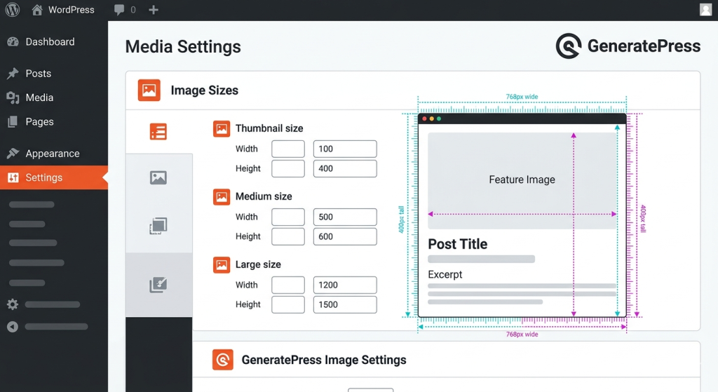 How To Optimize Images For GeneratePress WordPress Theme 1 WordPress dashboard with GeneratePress image size optimization settings and dimension guides