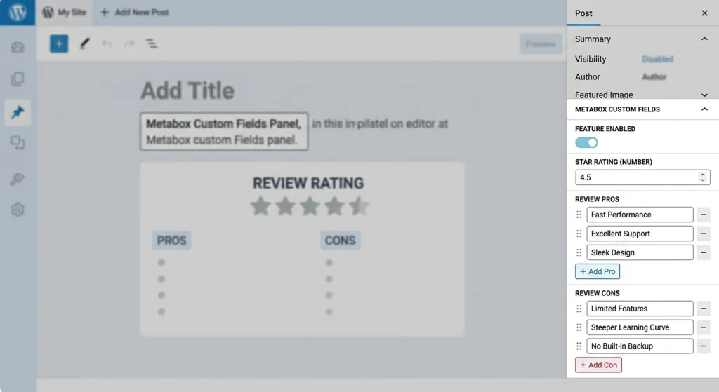 How To Setup an Editor Review Rating Box With MetaBox and GenerateBlocks 2 MetaBox custom fields panel showing review rating fields in WordPress editor