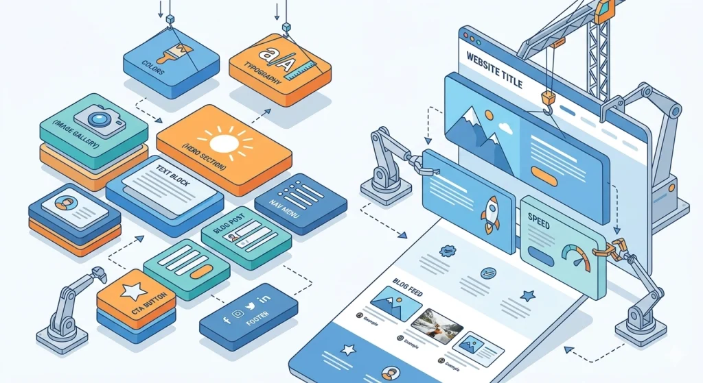 Modular architecture illustration showing GeneratePress customizable building blocks