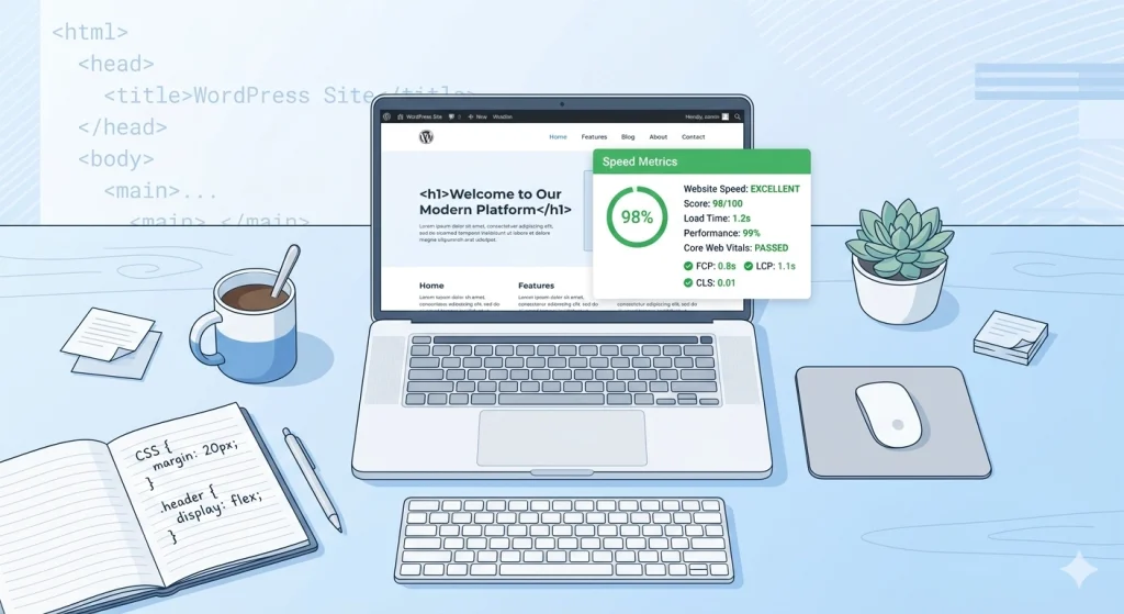GeneratePress WordPress theme review showing a fast-loading website on a laptop with speed metrics