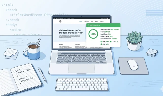 GeneratePress WordPress theme review showing a fast-loading website on a laptop with speed metrics