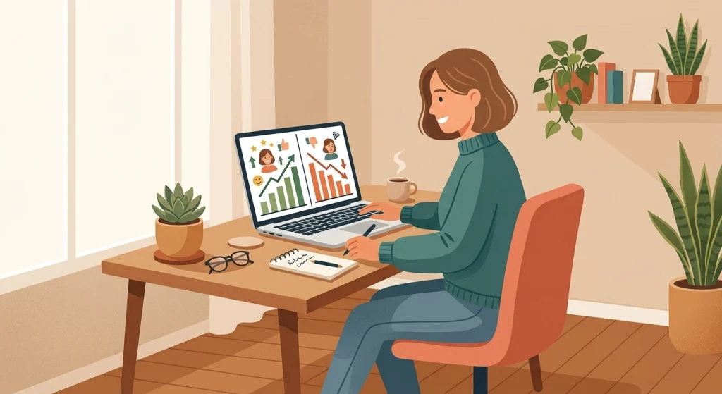 Blogger at desk with success and failure graphs thinking about how share your blogging failures