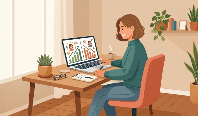 Blogger at desk with success and failure graphs representing sharing blogging failures