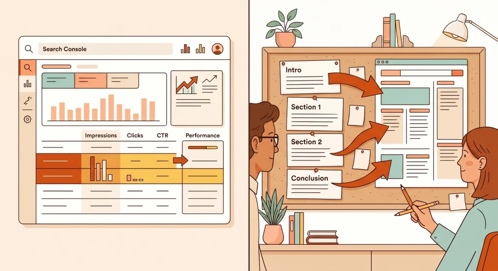 Search Intent Explained: Why Matching It Matters More Than Keywords 5 Blogger auditing an underperforming article in Search Console and restructuring content to match search intent