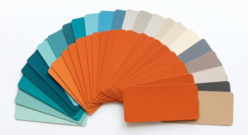 Free color palette generator showing fanned colour swatch cards in orange and teal