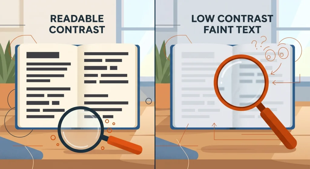 Comparison of high-contrast readable text versus low-contrast text that fails WCAG