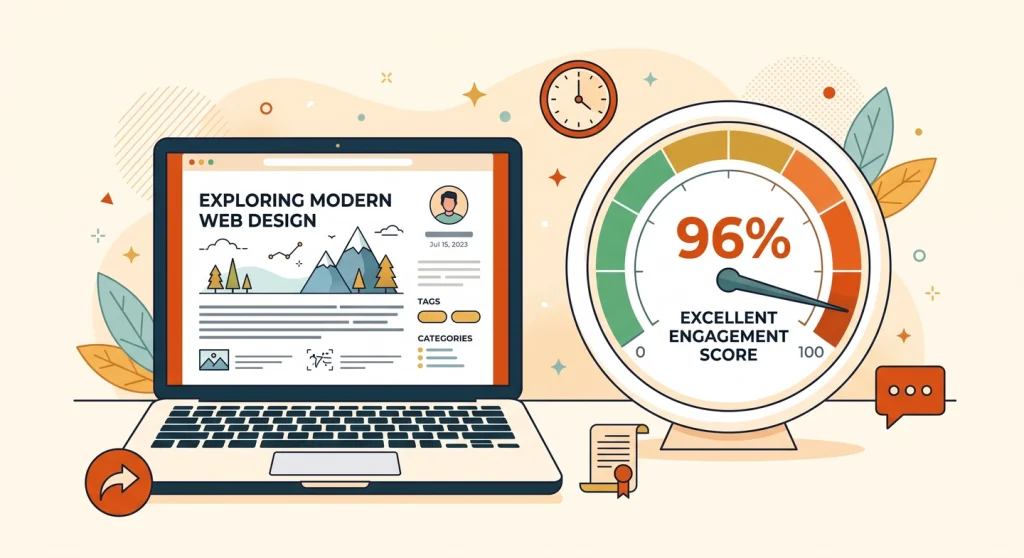 Content engagement score gauge next to a blog post on a laptop screen