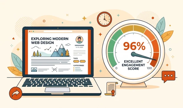 Content engagement score gauge next to a blog post on a laptop screen