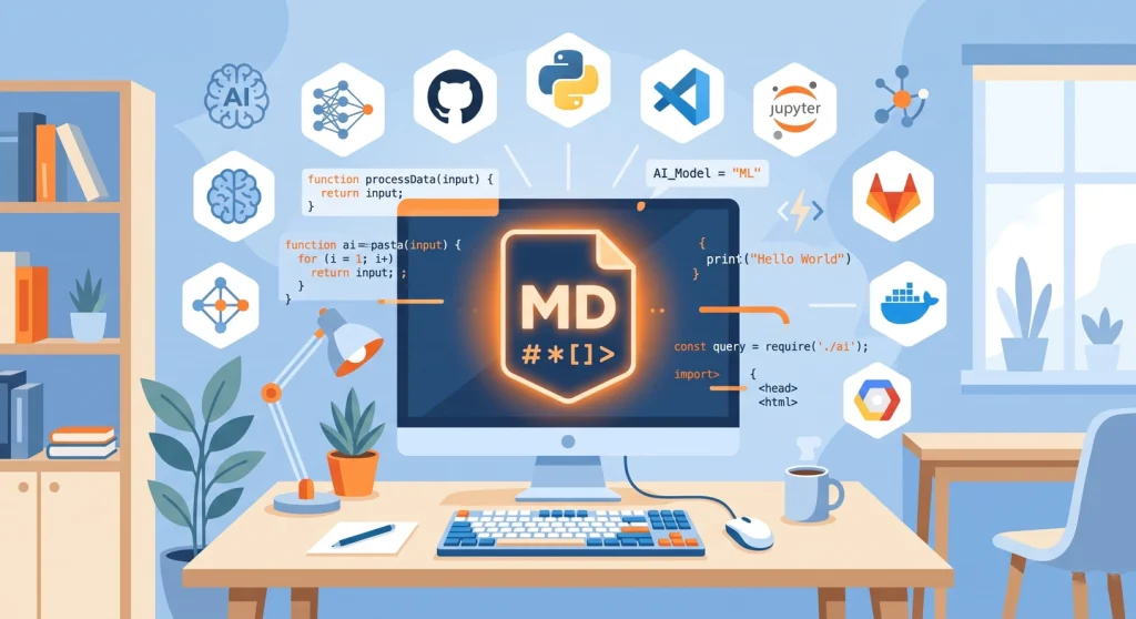 Developer workspace with AI agent skill file at the centre surrounded by coding tool icons
