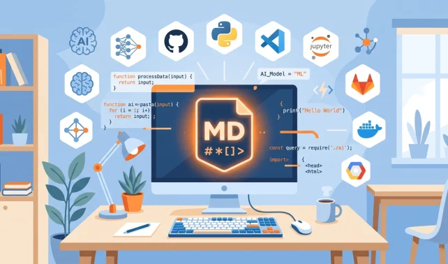 Developer workspace with AI agent skill file at the centre surrounded by coding tool icons