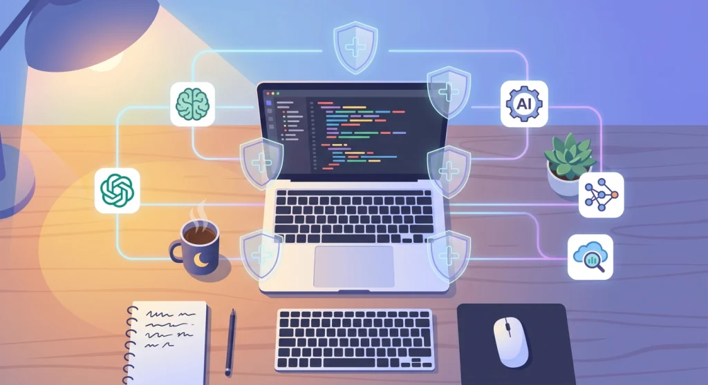 How to Add Guardrails to Your AI Coding Project 1 Developer workspace with AI project guardrails visualised as protective shields around code editor