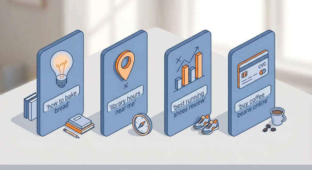 15 Counter Productive Habits To Avoid As A Blogger 21 Four types of search intent shown as side-by-side cards with icons and example queries for each category
