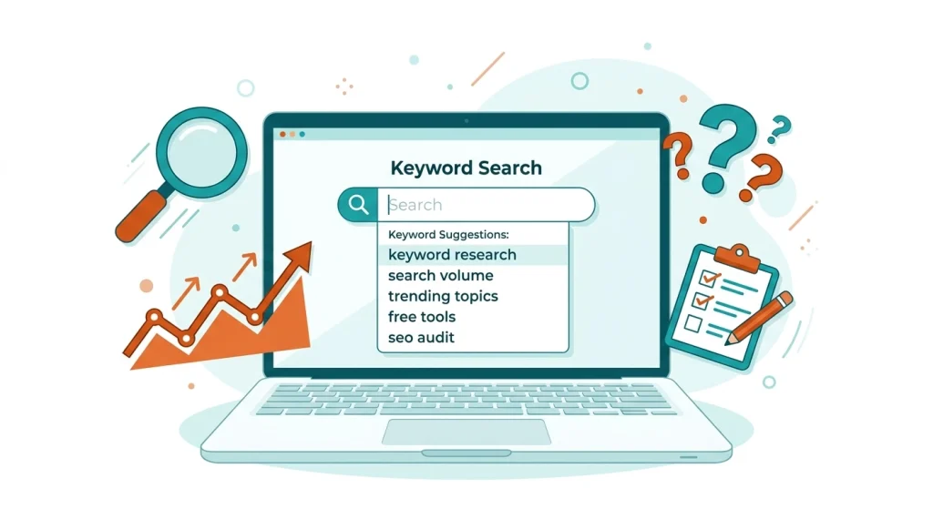 Free keyword research workflow showing a search bar with suggestions and SEO tool icons for bloggers