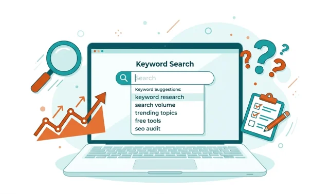 Free keyword research workflow showing a search bar with suggestions and SEO tool icons for bloggers