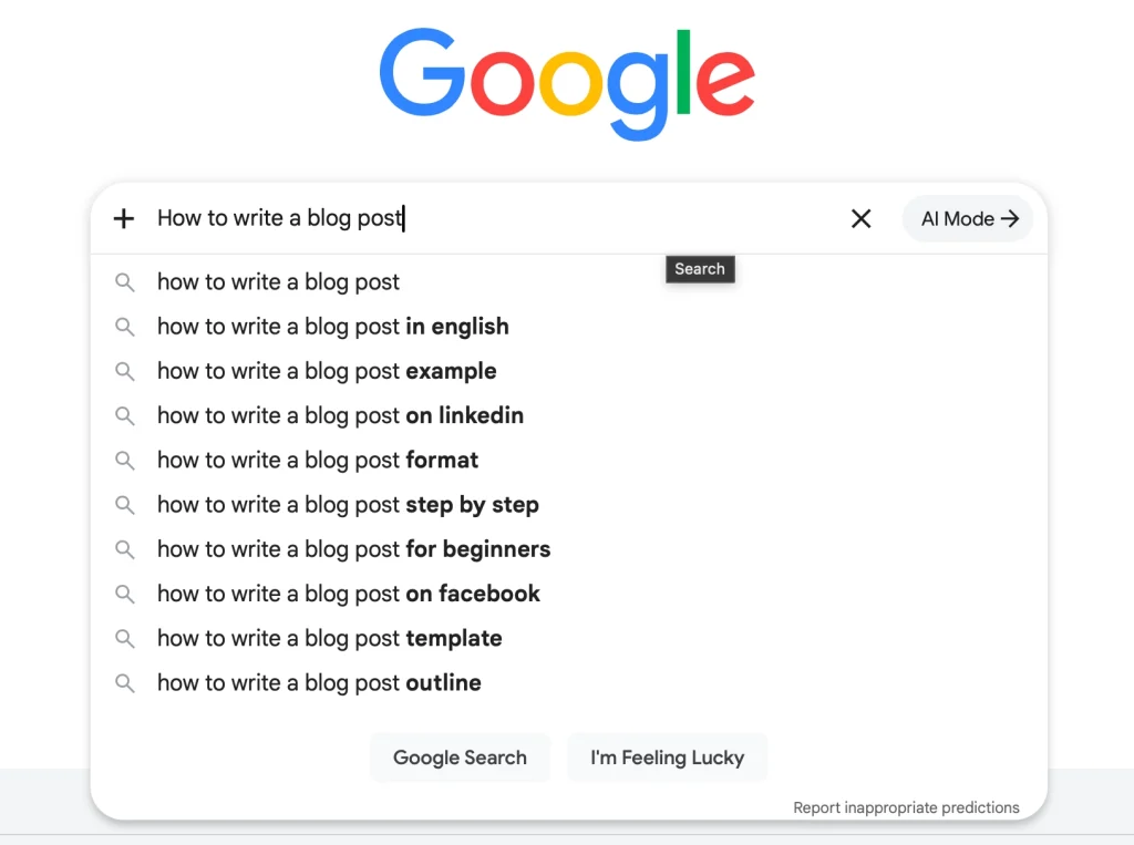 Google Search Auto Complete showing additional keywords