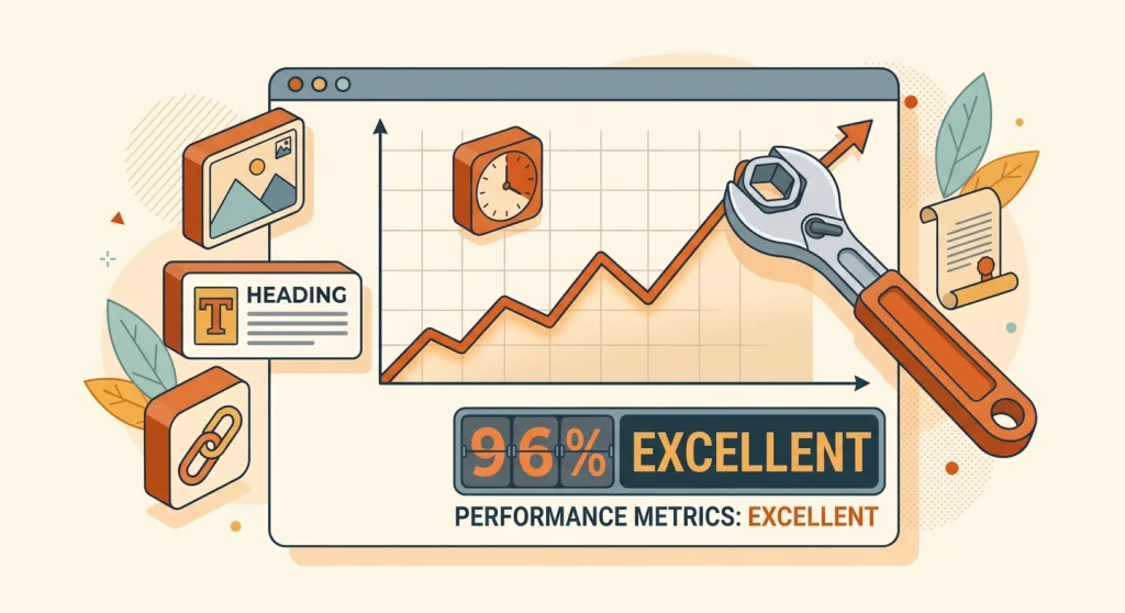 Improving a blog's engagement score shown as a rising graph being tuned with a wrench