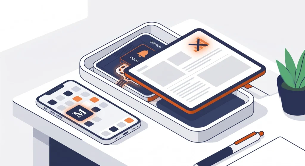 How to Turn Your WordPress Blog Into a PWA Without Breaking Web Push 6 Installed MetaBlogue PWA icon on a phone home screen beside an offline reading view