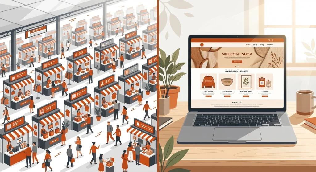 Marketplace vs own online store comparison shown as two contrasting storefronts