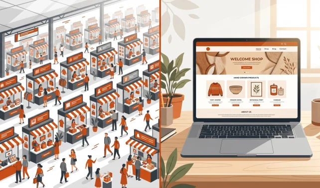Marketplace vs own online store comparison shown as two contrasting storefronts