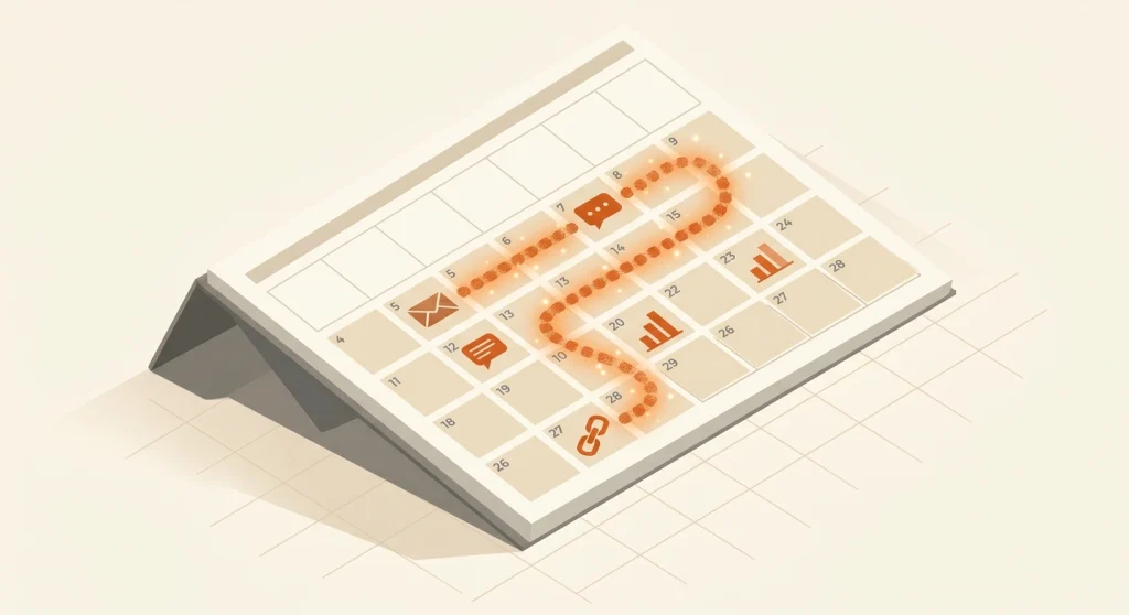 Link Building for Small Bloggers: What Actually Works 5 Monthly link building routine shown as icons on an isometric calendar