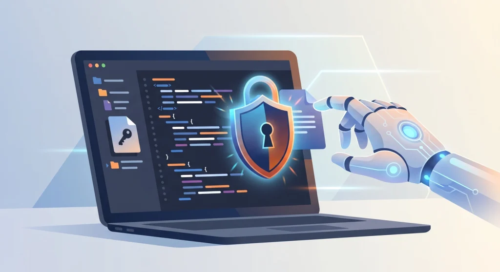 Padlock shield blocking an AI coding tool from reading a secrets file, illustrating how to protect secrets from AI coding tools