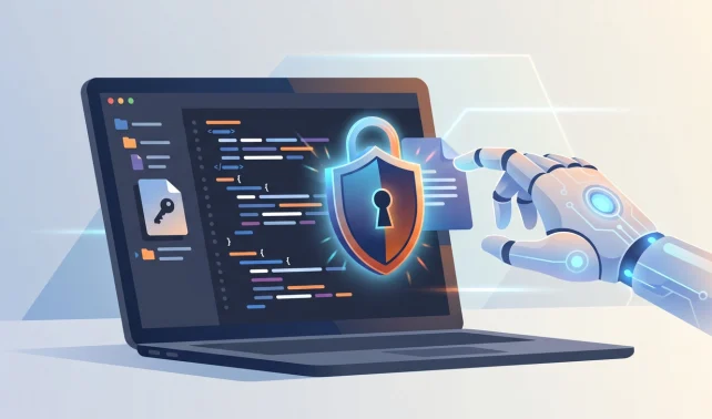 Padlock shield blocking an AI coding tool from reading a secrets file, illustrating how to protect credentials from AI coding tools