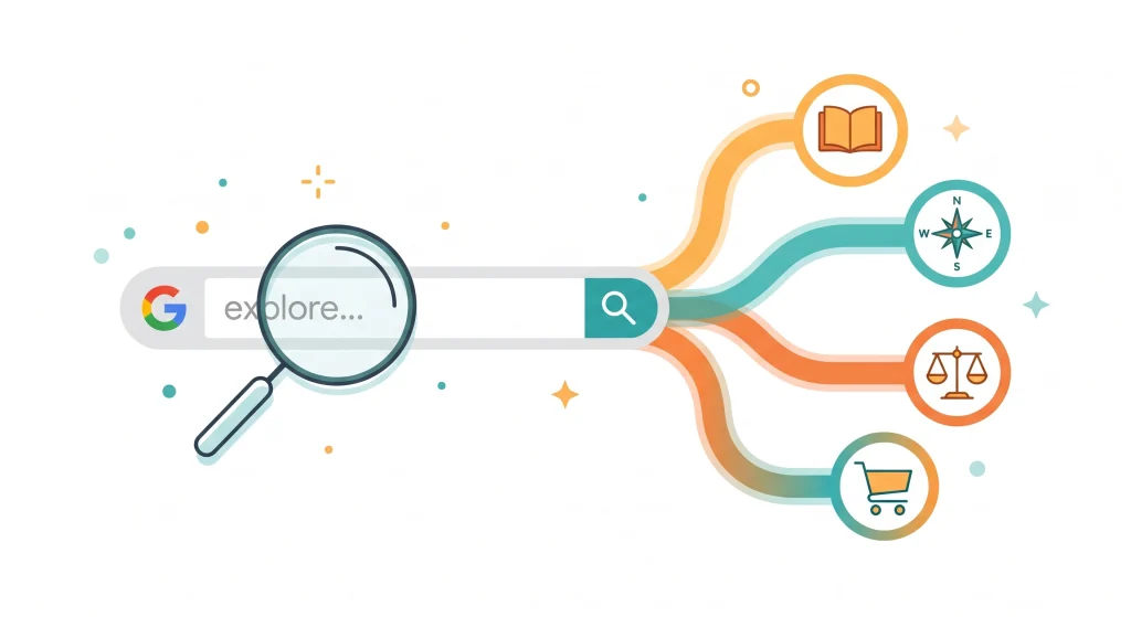Search Intent Explained: Why Matching It Matters More Than Keywords 1 Search intent types illustrated as four branching paths from a search query — informational, navigational, commercial, and transactional