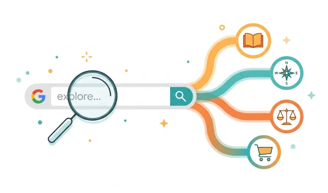 Search intent types illustrated as four branching paths from a search query — informational, navigational, commercial, and transactional