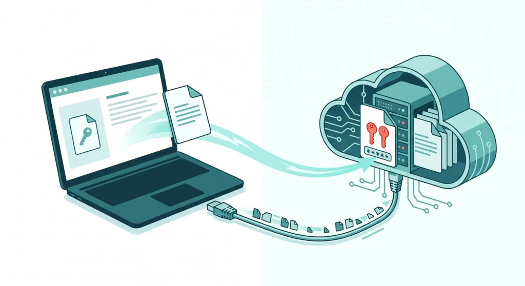Diagram showing secrets from a local .env file travelling to cloud AI servers