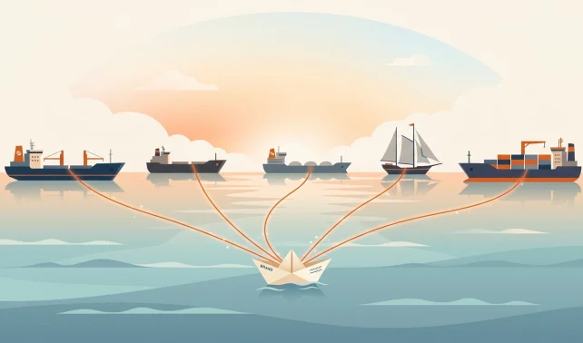 Illustration of a small boat linked to larger ships, representing link building for small bloggers