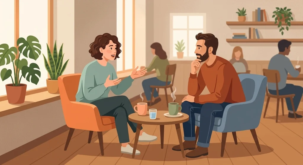 Two people having an honest conversation about blogging experiences and mistakes