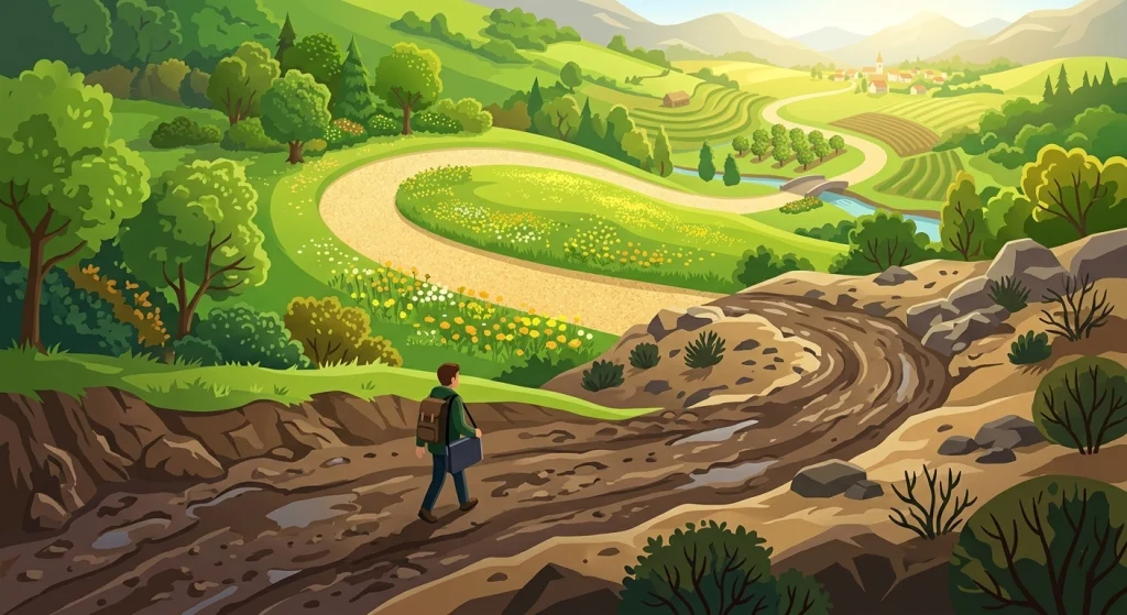 Winding road through varied terrain symbolising the blogging journey with failures and successes