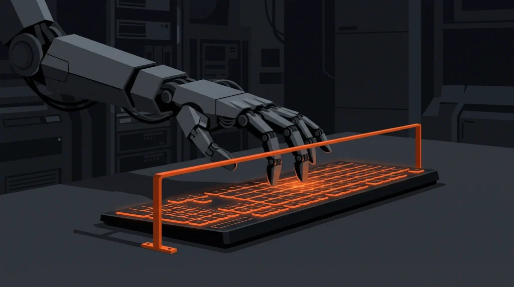 AI coding ground rules illustrated as a guardrail holding back a robotic hand over a keyboard